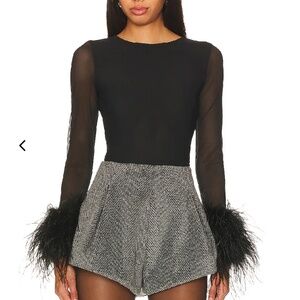 NWT! ALICE + OLIVIA Black on Black Delaina Feather-Trimmed Mesh Top Size Small